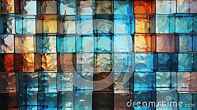 Blue, orange, violet, brown color transparent pieces of glass rectangular shape, glass texture laid out in a mosaic Stock Photo