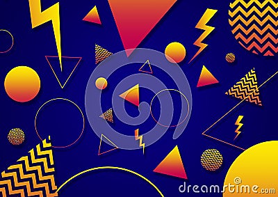 A blue orange and yellow retro vaporwave 90`s style random geometric shapes with vibrant neon color palette on a radial gradient Stock Photo