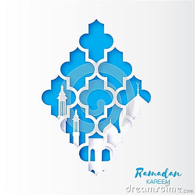 Blue Origami arabesque Mosque Window Ramadan Kareem Greeting card Vector Illustration