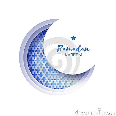 Blue Origami Crescent Moon Mosque Window Ramadan Kareem Greeting card Vector Illustration