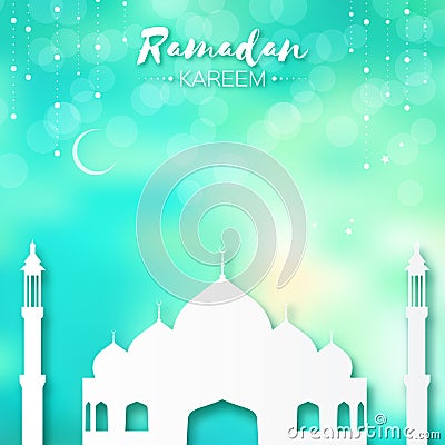 Blue Origami Mosque Ramadan Kareem Greeting card. Vector Illustration