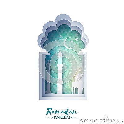 Blue Origami Mosque Window Ramadan Kareem Greeting card with arabic arabesque pattern. Vector Illustration