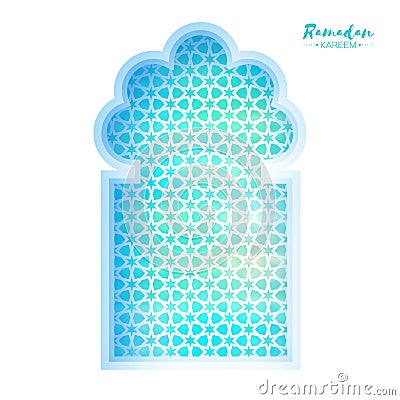 Blue Origami Mosque Window Ramadan Kareem Greeting card Vector Illustration