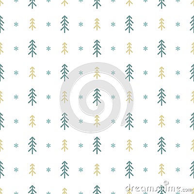 Blue ornament with line fir-trees and snowflakes on white background. Forest blizzard Stock Photo