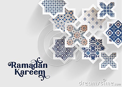 Blue ornamental arabic tiles, patterns through white cut out stars, long shadows. Greeting card, invitation for Muslim Vector Illustration