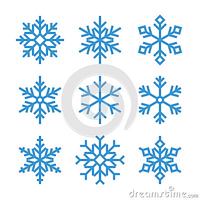 Blue outline snowflake icons, frozen star symbol Vector Illustration