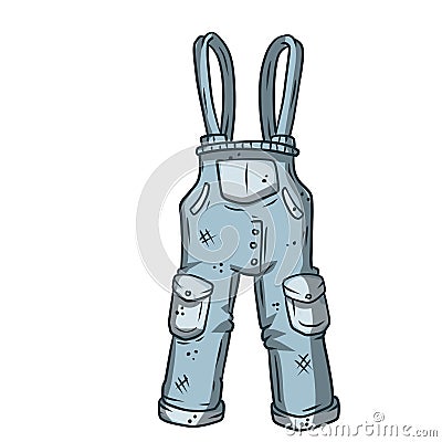 Blue overalls for the worker. Denim Clothing with pockets. The gardener and farmer element. Drawn cartoon illustration Vector Illustration