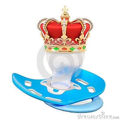 Blue pacifier with golden crown. Royal baby concept, 3D rendering Stock Photo