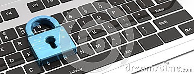 Blue padlock on a computer keyboard, banner. 3d illustration Cartoon Illustration