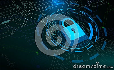 Blue padlock and HUD circle elements on microchip background Vector Illustration