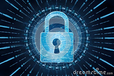 Blue padlock secures computer data, network connection protection Stock Photo