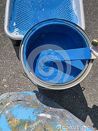 Blue Paint Can Outside Stock Photo