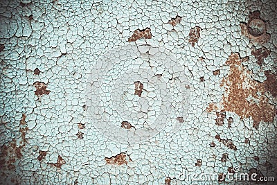 Blue paint flaking and cracking texture on rusty metal. Stock Photo