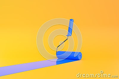 Blue Paint Roller with color trail over yellow background Stock Photo