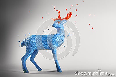 Blue paint sculpture magic deer with melting horns Stock Photo