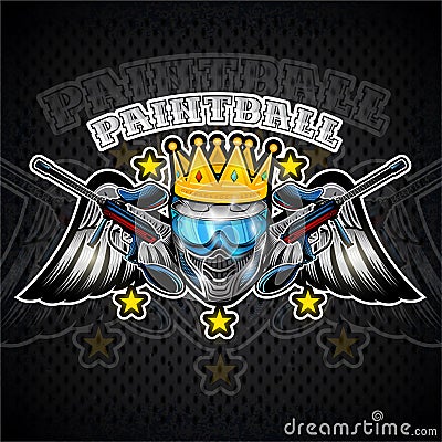 Blue paintball mask with crown and crossed guns between wings on white background. Sport logo for any team or tournament isolated Vector Illustration