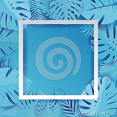 Blue Palm Leaf Vector Background Illustration in paper cut style. Exotic tropical jungle rainforest bright cyan palm tree and Stock Photo