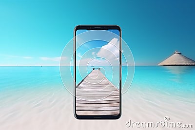 phone summer sand creative up concept sea mock holiday cyber palm. Generative AI. Cartoon Illustration