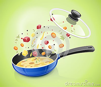 Blue pan with lid. Kitchen tableware. Cooking food. Vector Illustration