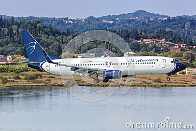 Blue Panorama Airlines Boeing 737-800 airplane Corfu airport in Greece Editorial Stock Photo