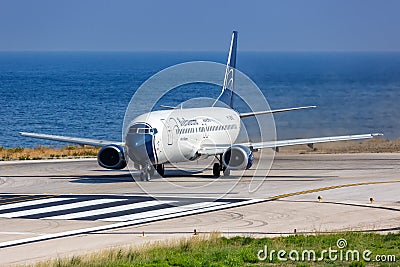 Blue Panorama Boeing 737-400 airplane Skiathos airport Editorial Stock Photo