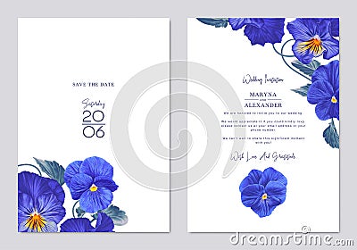 Two templates with realistic blue Viola flowers, Pansies. Vector Illustration