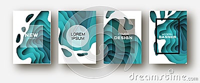 Blue Paper Cut Wave Shapes. Layered curve Origami design for business presentations, flyers, posters. Set of 4 vertical Vector Illustration