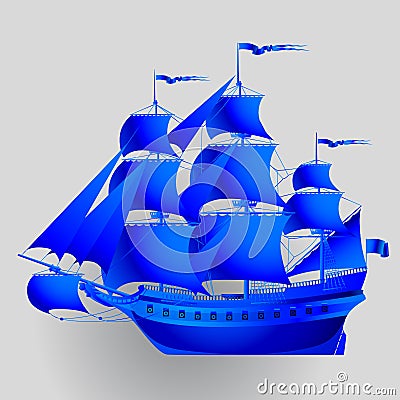 Blue paper sailing ship on gray background Vector Illustration