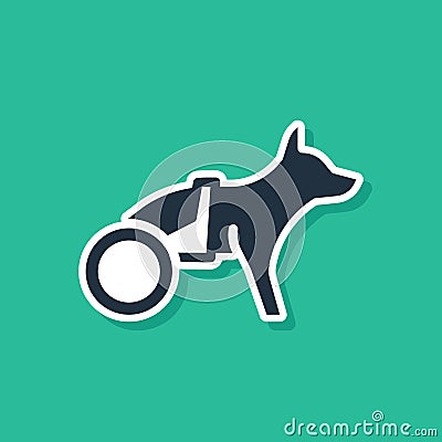 Blue Paralyzed dog in wheelchair icon isolated on green background. Vector Vector Illustration