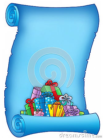 Blue parchment with pile of gifts Cartoon Illustration