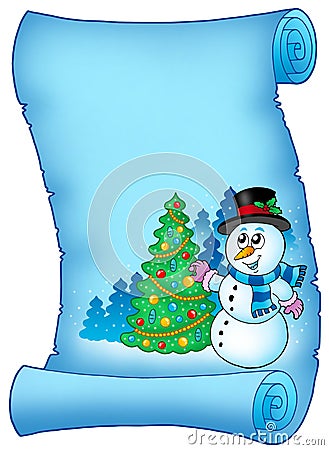 Blue parchment with snowman and tree Cartoon Illustration