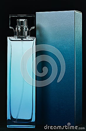 Blue parfume bottle and box Stock Photo