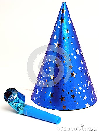 Blue Party Hat and Noisemaker Stock Photo