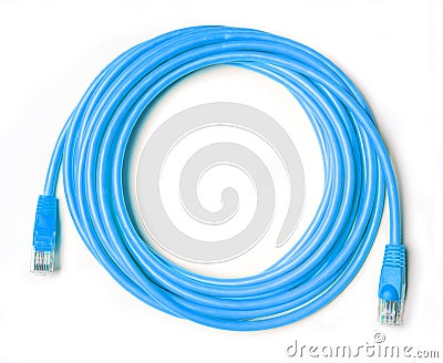 Blue patch cord isolated on white Stock Photo