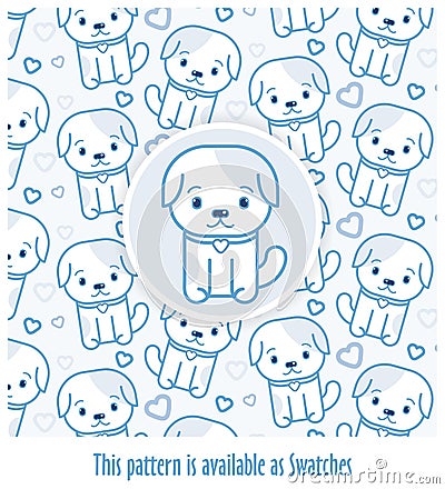 Blue pattern with dogs drawn in kawaii style with -applied swatch Vector Illustration