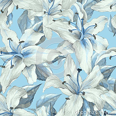 Blue pattern with lilies. Floral seamless background Stock Photo