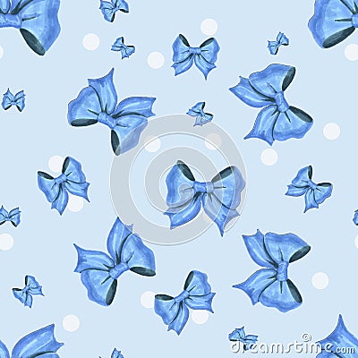 Blue pattern with white dots and bows Stock Photo