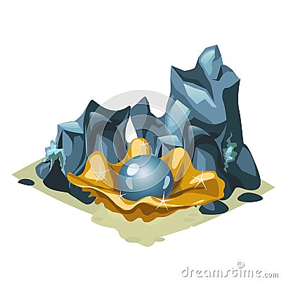 Blue pearl in Golden shell among the rocks Vector Illustration