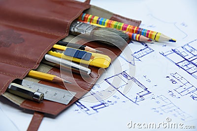 Blue pen drafts or interior sketches on paper and canvas with drawing tools Stock Photo