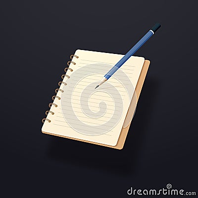 Blue pencil and yellow notepad isolated on dark background. Vector Illustration