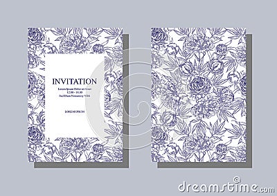 Blue Peony Pattern. Floral wadding invitation, postcards and banner design template. Vector illustration Vector Illustration