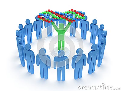 Blue people around green man with DNA chain. 3D. Stock Photo