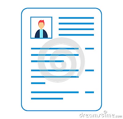 Blue personal CV icon with photo and text lines. Simple profile document graphic. Resume design element vector Vector Illustration