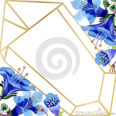 Blue phacelia flower. Watercolor background. Frame golden crystal. Geometric crystal stone polyhedron. Cartoon Illustration