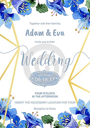 Blue phacelia flower. Wedding background card. Thank you, rsvp, invitation elegant card illustration graphic set banner. Cartoon Illustration