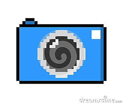 Blue Photo Camera emoticon symbol, pixel art design Vector Illustration