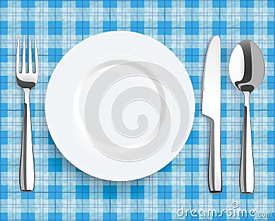 Blue Picnic Blanket Plate Spoon Knife Fork Vector Illustration