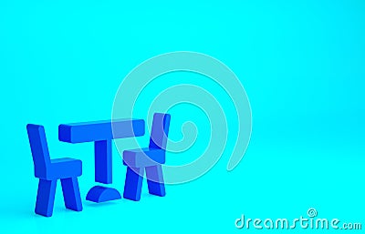 Blue Picnic table with chairs on either side of the table icon isolated on blue background. Minimalism concept. 3d Cartoon Illustration
