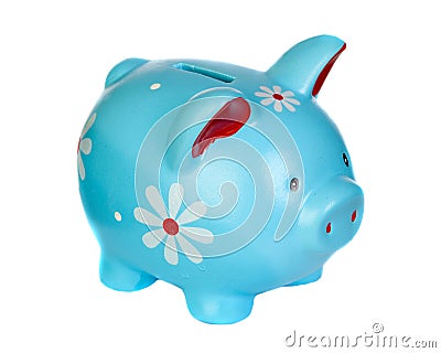 Blue piggy bank with flowers Stock Photo