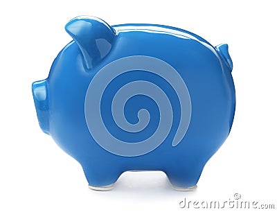 Blue piggy bank on white background Stock Photo